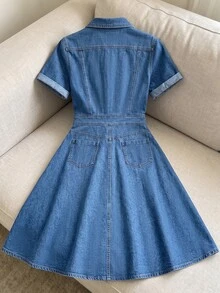 GlowEve Women's Pleated Casual Daily Summer Denim Dress - Blue - View 2