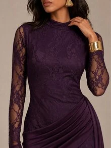 COSMINA Women's Long Sleeve Dress, Autumn/Winter Lace Patchwork Satin Pleated Asymmetric Design, Suitable For Party, Gathering, Dinner, Date, Birthday, Valentine's Day - Bold Plum - View 5