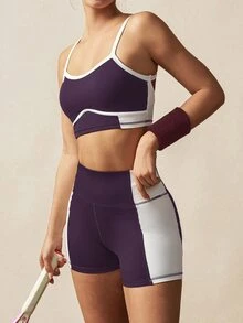 VARSIVA 黑白對比拼接條紋鏤空高腰女款運動運動服套裝 - 紫色 - 查看 4