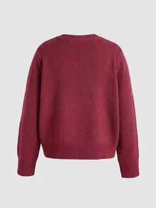 SHEIN 少女女孩寬鬆休閒金屬鈕扣圓領前開襟素色米色優雅秋季針織衫 - 酒紅色 - 查看 4