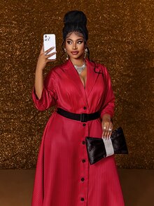 Maweii Plus Size Women's Vintage Commuter Style Red Pinstripe Lapel Design Single-Breasted Black Button Closure A-Line Flared Waist Long Sleeve Dress Fall - Red - View 6