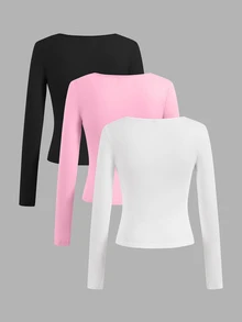 SHEIN EZwear 3件組女款純色方領長袖休閒百搭T恤 - 彩色 - 查看 2