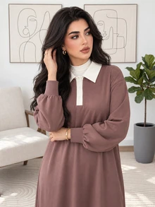 Solavon Plus Size Women's Colorblock Polo Collar Long Sleeve Casual Dress - Multicolor - View 8
