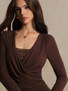 Poéselle فستان نسائي بني شوكولاتة مزين بالدانتيل ملتف ومجعد ضيق قصير، أكمام طويلة من مزيج القطن للخريف والشتاء للخروج وحفلات العطلات والكريسماس & N - قهوة بني - مشاهدة 5