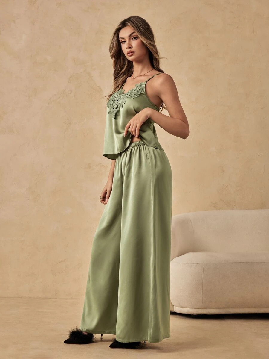 HautHeat Women's Applique Decor Camisole Top And Long Pants Pajama Set - Army Green - View 1