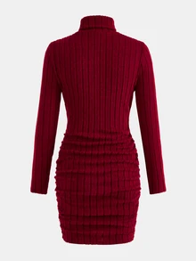 SHEIN Tween Girls Tween Girl Tween Girl Kids Red High Neck Ribbed Snug Fit Dress, Soft Comfortable, Versatile For Holiday Party, Dance, Casual Wear - Red - View 2