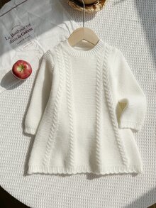 SHEIN 女嬰休閒可愛趣味純色針織洋裝，秋冬款芥末黃 - 米色 - 查看 3
