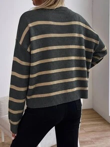 Sprig & Strand 女款條紋圓領落肩長袖休閒針織套頭毛衣，秋冬款 - 深灰色 - 查看 2