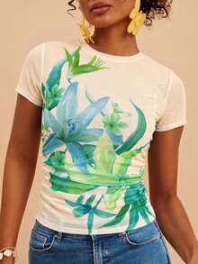 Travachic 女款花卉印花圓領時尚度假上衣 米色優雅熱帶性感 派對上衣 田園休閒上衣 - 彩色 - 查看 6
