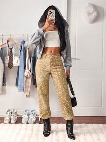 SHEIN Tall 高腰楓葉迷彩印花水洗直筒牛仔褲 - 卡其色 - 查看 5