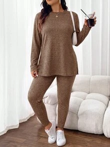 SHEIN Frenchy 大尺碼針織居家底層休閒舒適女款2件套瑜伽運動服 自發熱衣 日常外出穿搭套裝 - 棕色 - 查看 5