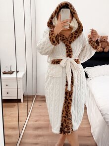 Napfluff CURVE Napfluff CURVE Plus Size Women's Winter Coral Fleece Hooded Leopard Print Patchwork Robe Loungewear - Apricot - View 2