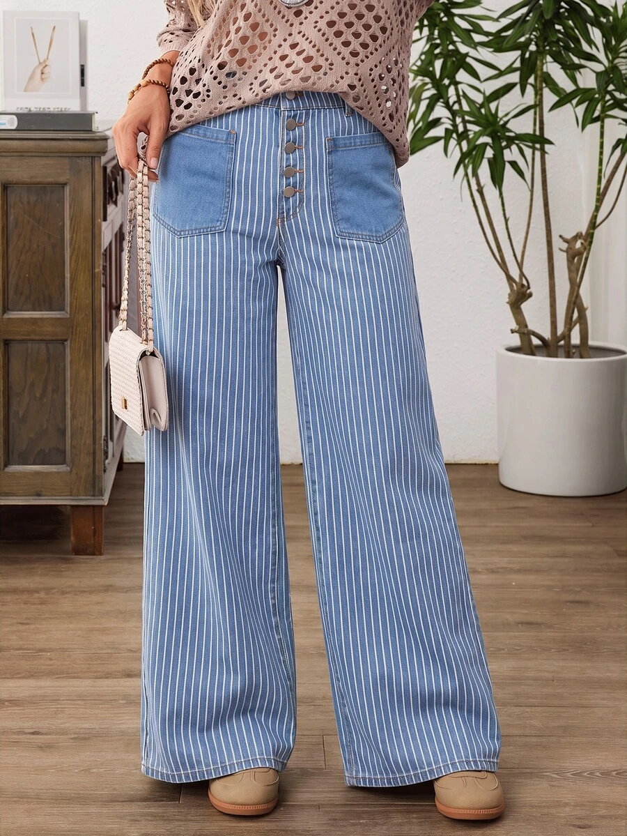 Selenza Plus Size Designer Button Striped Colorblock Loose Fit Denim Jeans - Blue - View 1