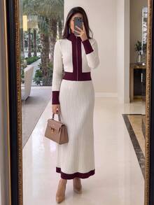 Modelyn فستان نسائي محبوك بأكمام طويلة وفتحة أمامية نصفية بسحاب بطراز عتيق - متعدد الألوان - مشاهدة 5