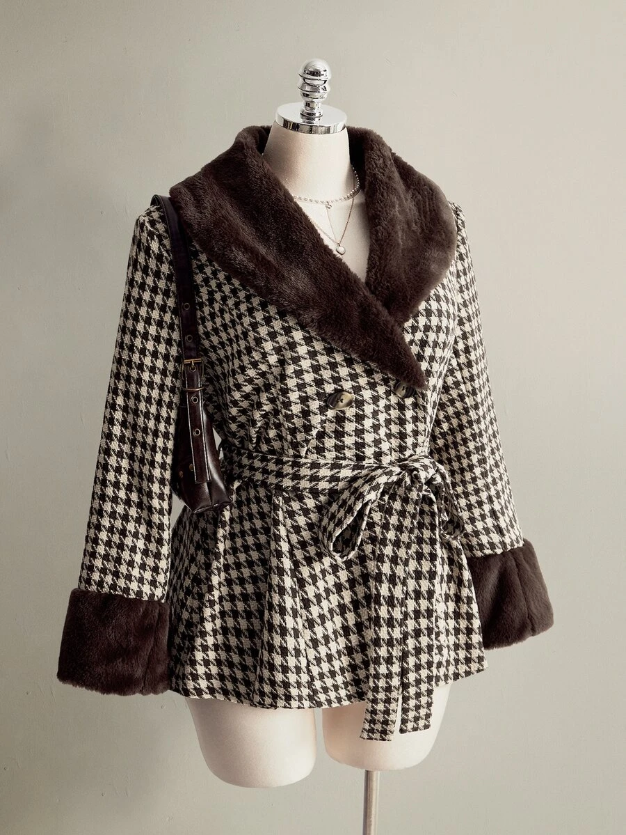 SHEIN ICON Women's Plus Size Fur Collar Patchwork Houndstooth Tweed Jacket - Brown - View 1