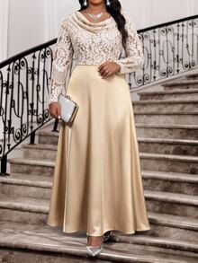 Fleurora Plus Size Sweet Cowl Neck Lace Long Sleeve Dress - Khaki - View 3