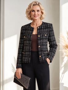 Miaspire Elegant Plaid With Gold Buttons, Women's Printed Jacket, Black And White Plaid, Suitable For Business, Work, And Parties, Perfect For Winter And Autum - Multicolor - View 1