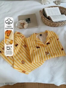 DAZY Women's Cartoon Animal Striped Single-Breasted Top And Long Pants Pajama Set - Yellow - View 1
