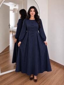 Solavon Plus Size Striped Colorblock Frog Button Long Sleeve Dress - Navy Blue - View 3