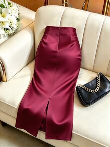 GlowEve Solid Color Pleated Back Zipper Slit Skirt Burgundy Maxi Women Outfit - Burgundy - View 2
