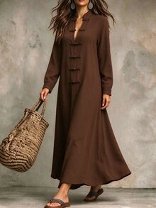 Breezaya Women's Solid Color Chinese Style Frog Button Design Casual Daily Outing Vacation Dress - Brown - View 4