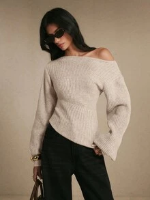 Poéselle 女款優雅羅紋提花不對稱下擺保暖毛衣，秋冬針織上衣，適合上班、約會、度假、派對與節日穿搭 - 杏色 - 查看 4