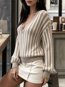 Cévolie Brown Striped Long Sleeve V-Neck Pullover Sweater Autumn - Coffee Brown - View 3
