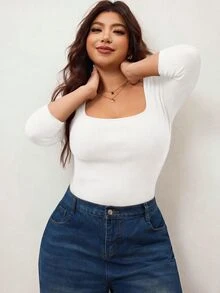 Enliva Áo thun nữ size lớn ôm dáng co giãn cao, cổ vuông, tay lỡ 3/4, chất liệu thân thiện với da, phù hợp cho mùa thu, hợp với dáng người quả táo và dáng tròn, phong cách lễ hội mùa thu - trắng - Xem 6