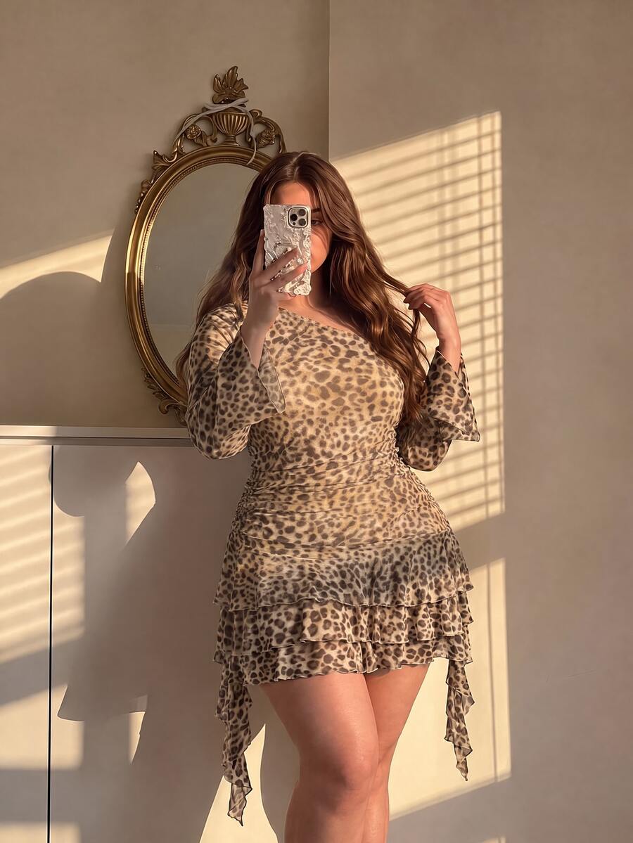 SHEIN MOD Plus Size Mini Khaki Long Asymmetrical Shoulder Leopard PrintFlare Sleeve Mesh Fit & Flare Leopard Print Party Y2K Dress Christmas Festival Fall - Apricot - View 1