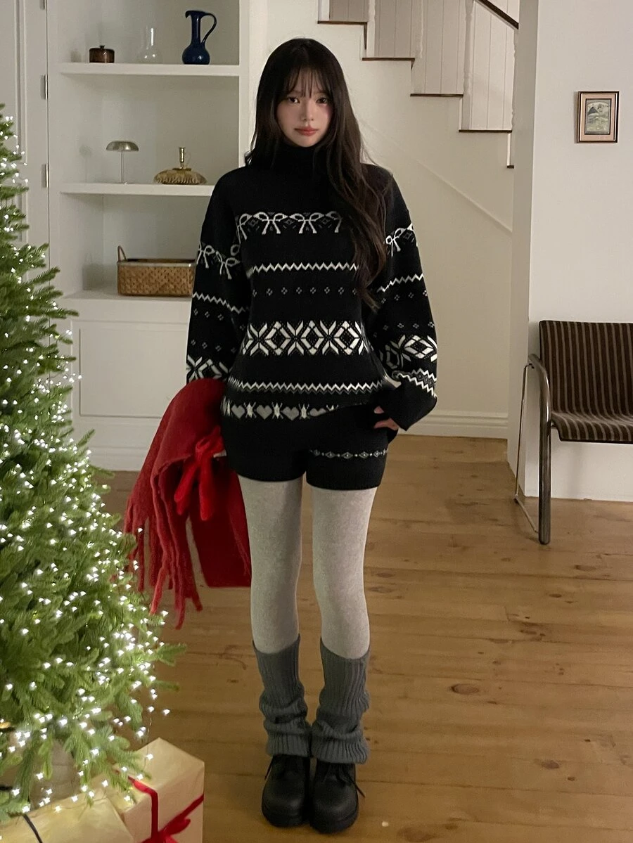 DAZY Setelan 2 Potong Sweater Wanita Gaya Korea Lengan Panjang Leher Tinggi Musim Gugur/Dingin - Hitam - View 1