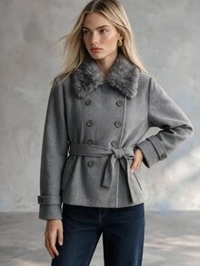 Trelyra Elegant Comfortable French Vintage Commute Chic Design High-End Versatile Fur Collar Overcoat - Grey - View 9