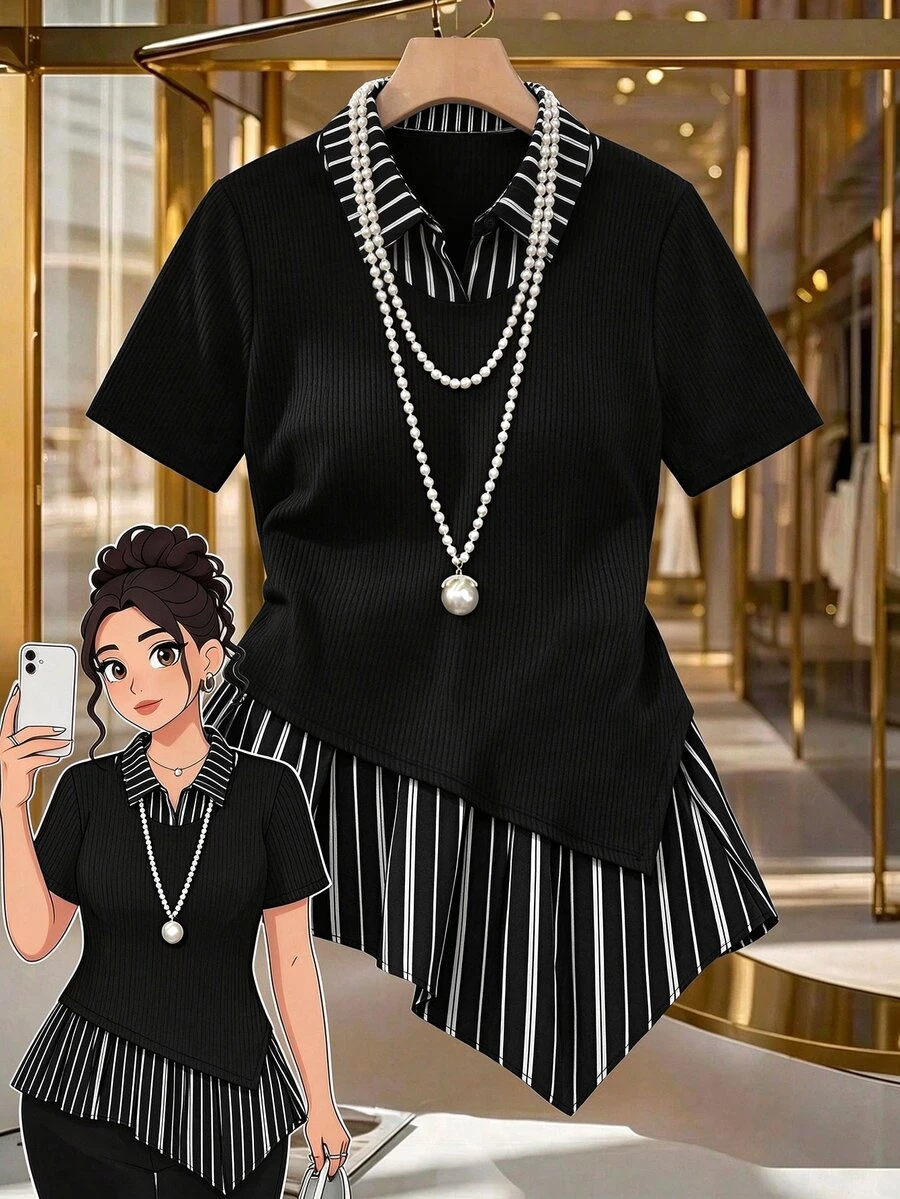 GlowEve CURVE Plus Size Women Striped Patchwork Short Sleeve Casual Top, Summer - Black - View 1