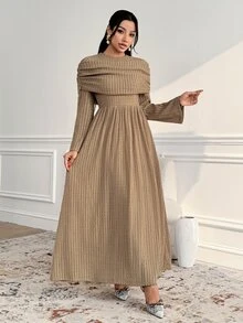 Veilorie فستان نسائي بلون موحد برقبة دائرية وأكمام طويلة بنسيج أنيق - كاكي - مشاهدة 3