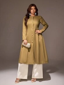 Viva Relle Plus Size Women's French Casual Sexy Vintage Elegant Ruched Waist Wool Long Coat Slimming Fit Commute Date Office Formal Evening Fall Olive Green - Olive Green - View 6