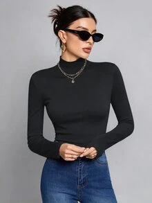 SHEIN Tall 簡約純色修身高領白色上衣，適合秋冬，適合高個女性 - 深灰色 - 查看 3