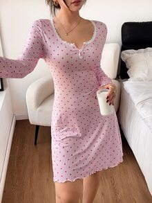 Napfluff Women's Slim Fit Striped & Spotted Print Colorblock Lace Button Decor V-Neck Long Sleeve Nightgown - Multicolor - View 6