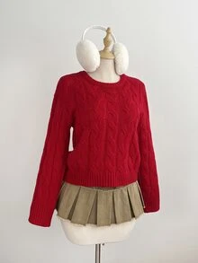 Elamini Sweater Pullover Rajut Bertekstur Merah Wanita, Kerah Bulat, Nuansa Natal, Untuk Perjalanan Sehari-hari, Musim Gugur/Dingin - Merah - View 4