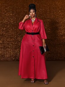 Maweii Plus Size Women's Vintage Commuter Style Red Pinstripe Lapel Design Single-Breasted Black Button Closure A-Line Flared Waist Long Sleeve Dress Fall - Red - View 3
