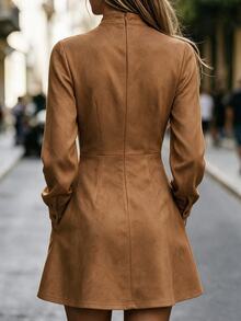 Balvessa Women's Elegant Long Sleeve Dress With Frog Button Placket And Pockets - Camel - View 2