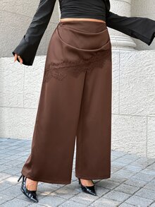 Easura Brown Satin Elastic Waist Design Plus Size Women's Contrast Lace Elegant Long Pants Fall - Brown - View 6