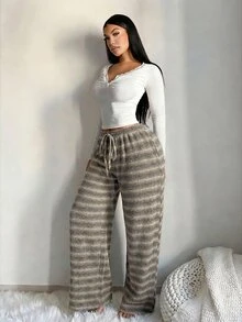 SHEIN SXY 女款舒適休閒 90 年代簡約低腰抽繩寬腿褲 綠色條紋套裝 舒適居家服 夏季 - 彩色 - 查看 4
