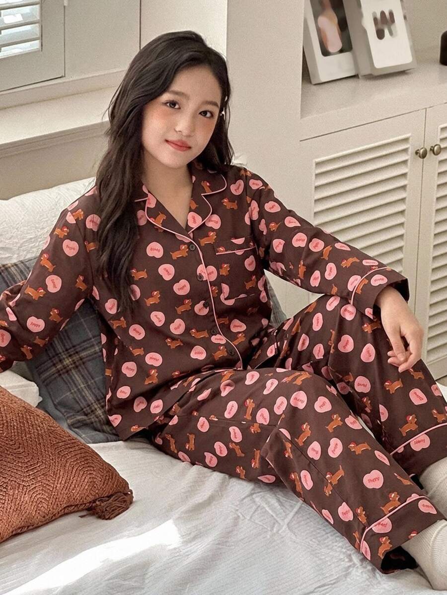 DAZY 青少年女孩全印花長袖上衣與長褲休閒日常居家睡衣套裝 - 棕色 - 查看 1