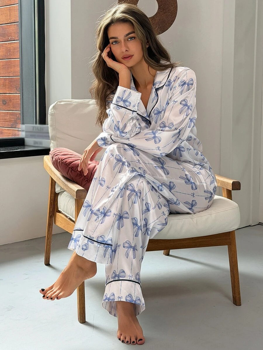 DAZY Women's Bow Print Single-Breasted Top And Pants Pajama Set - White - View 1