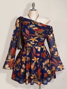 SHEIN ICON 大尺碼 Y2K 楓葉印花網紗長袖洋裝，復古休閒修身連身裙，適合春秋穿著 - 藏蓝色 - 查看 1