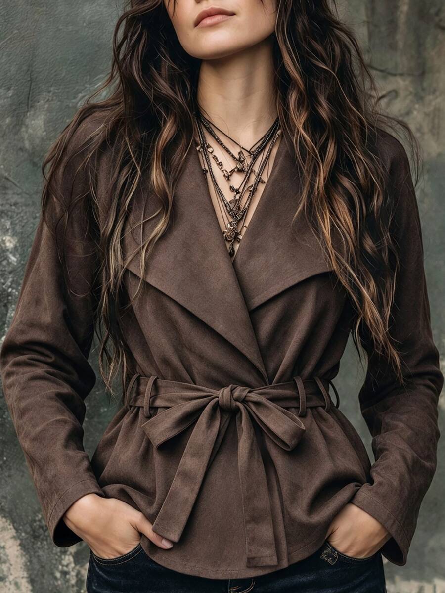 SHEIN جاكيت نسائي جديد بطراز عتيق للتنقل اليومي كاجوال متعدد الاستخدامات بياقة كبيرة وخصر مشدود وأكمام راجلان - بني - مشاهدة 1