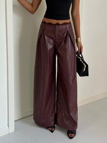 Aloruh Women's Autumn/Winter Party Elegant Lace Patchwork PU Wide Leg Pants - Burgundy - View 6