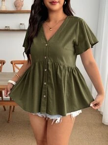 Enliva 大尺碼女款荷葉袖上衣，V領上衣，夏季服飾，適合曲線身材、蘋果型與圓形身型的度假穿著，淺藍色休閒款 - 軍綠色 - 查看 5