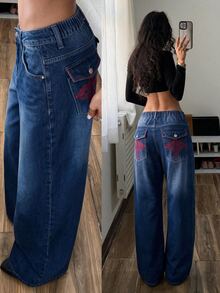 Jeanoix Quần jean denim ống cong thêu phong cách đường phố Y2K cho nữ size lớn - Rửa tối - Xem 8