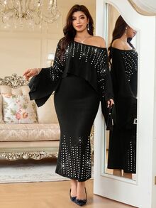 Reflora Plus Size Faux Pearl Decor Mermaid Skirt With Asymmetrical Shoulder Top 2 Pieces Set - Black - View 6