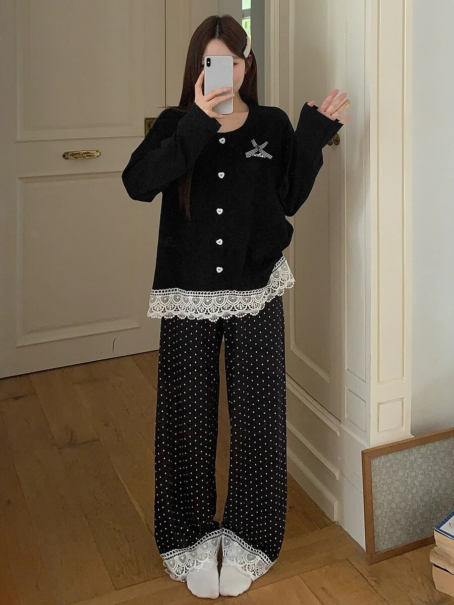 DAZY Women's Contrast Lace Hem Button Design Top And Long Pants Pajama Set - Black - View 1